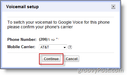 Снимок экрана: включить Google Voice на номер, не принадлежащий Google
