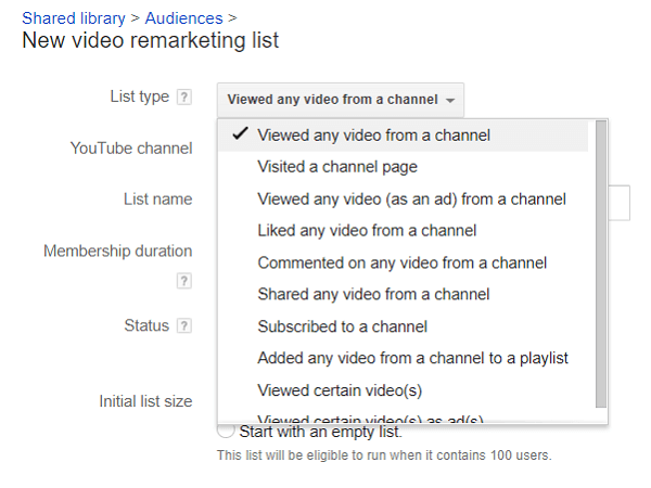 Вы можете разделить свои списки зрителей YouTube для ремаркетинга.