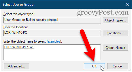 Закройте диалоговое окно «Выбрать пользователя или группу» в Windows Regisry