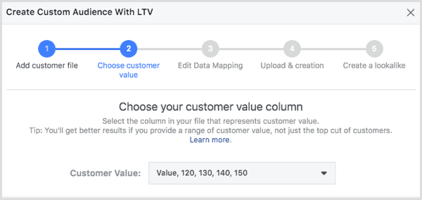 Выберите столбец «Ценность клиента» в диалоговом окне «Создать аудиторию клиентов с помощью LTV».