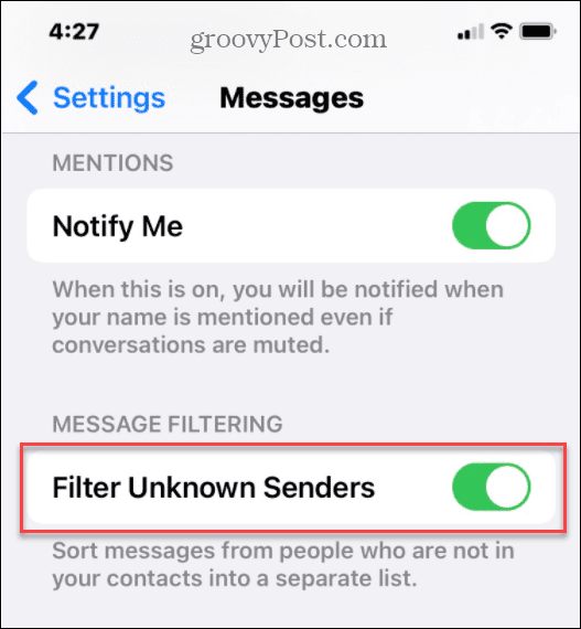 скрыть спам-тексты от неизвестных отправителей на iPhone