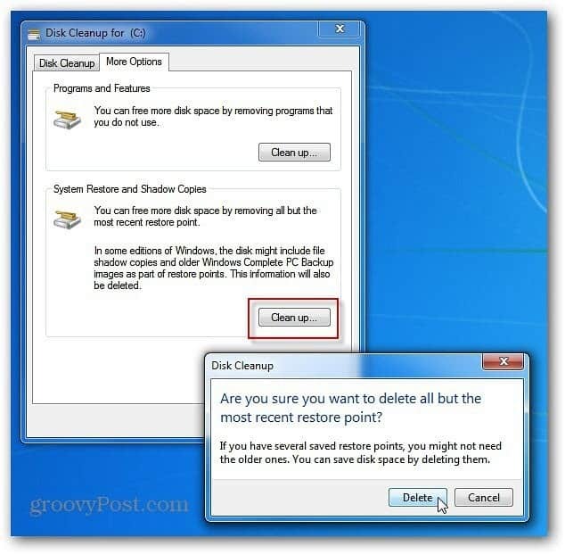 Удалить старые точки восстановления Windows для дополнительного места на жестком диске