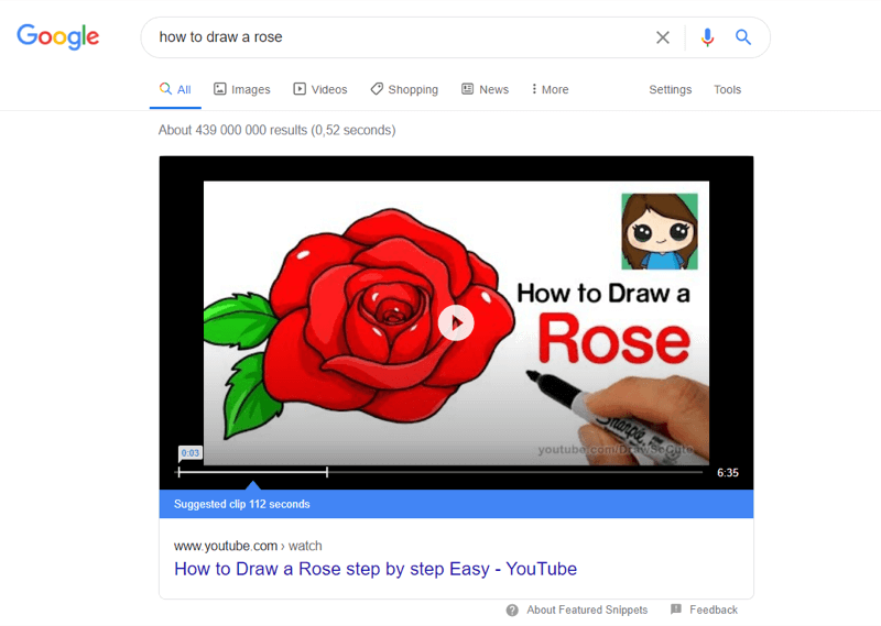 пример популярного видео на YouTube в результатах поиска Google по запросу "как нарисовать розу"