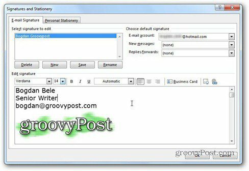 outlook 2013 использовать подпись groovypost логотип