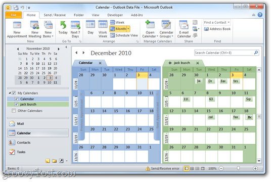 Календарь Google / Outlook 2010 бок о бок