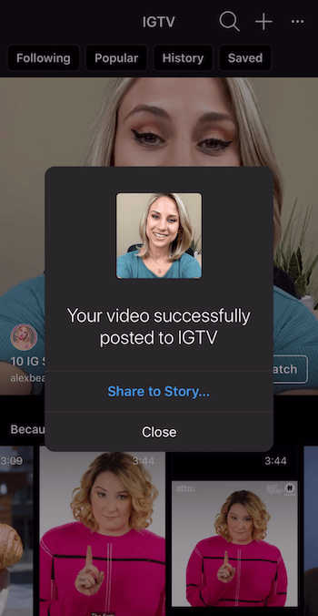 предложить поделиться видео IGTV в Instagram Stories