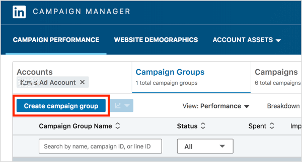 На вкладке "Группы кампаний" в LinkedIn Campaign Manager нажмите кнопку "Создать группу кампании".