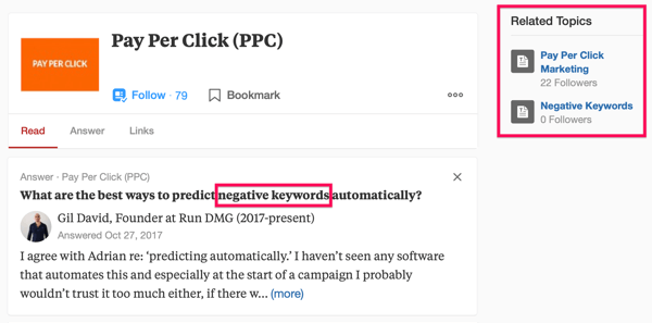 Пример результата поиска Quora, включающего поисковый запрос "PPC" и фразу "минус-слова".