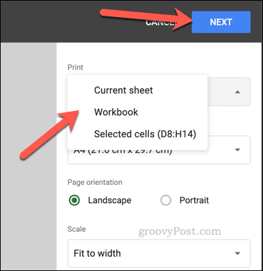 Выберите область печати в Google Sheets