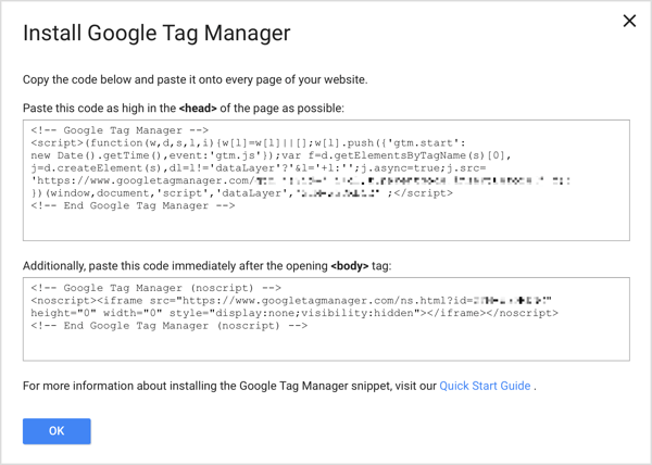 Добавьте два фрагмента кода Диспетчера тегов Google на каждую страницу своего веб-сайта, чтобы завершить процесс настройки.