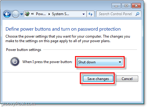 отрегулируйте, что будет делать кнопка выключения Windows 7, нажмите Сохранить изменения, чтобы завершить