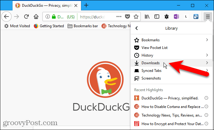 Выберите «Загрузки» в меню «Библиотека» в Firefox.
