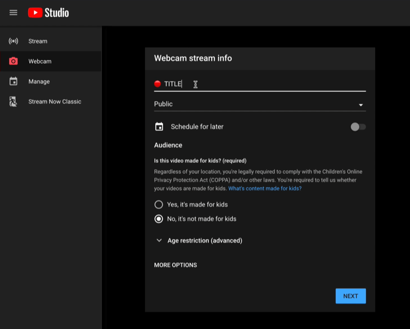 youtube studio go live menu панель управления прямой трансляцией с информацией о потоке веб-камеры, готовой к установке