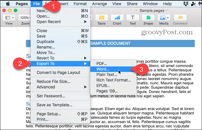Файл> Экспорт в> Word in Pages на Mac