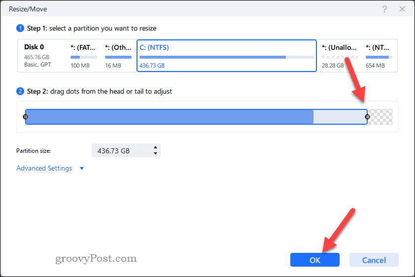 Изменение размера раздела в EaseUS