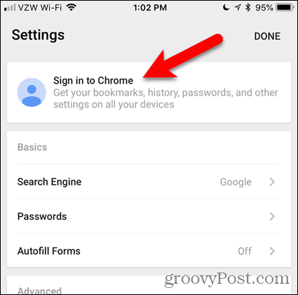 Нажмите «Войти в Chrome на iOS»