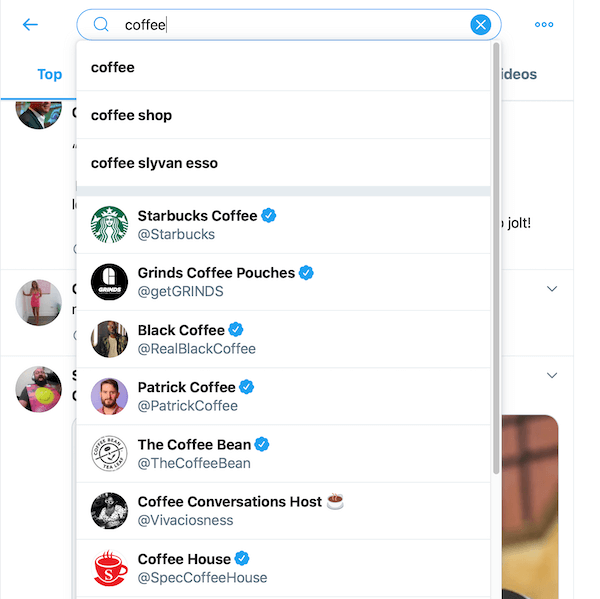 образец результатов поиска по поиску кофе в поисковой строке Twitter