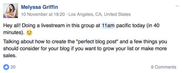 Предприниматель Мелисса Гриффин сообщает своей аудитории, когда она выйдет в прямом эфире на Facebook.