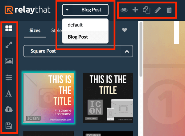 Используйте левое меню для просмотра различных макетов для вашего проекта RelayThat и используйте верхнее меню для выбора вашего проекта.