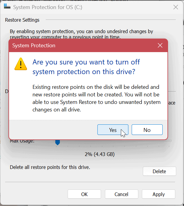 Защита системы для дисков в Windows 11