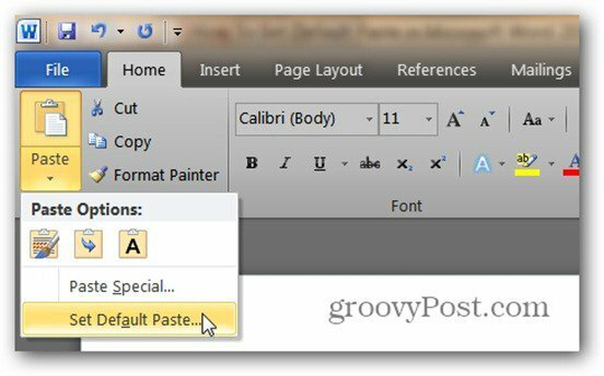 Как установить вставку по умолчанию в Microsoft Word 2010