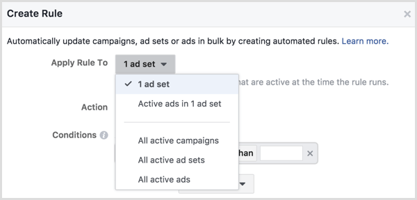 Facebook Ads Manager создает правило