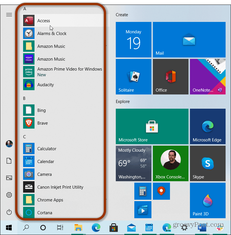 список приложений меню Пуск Windows 10