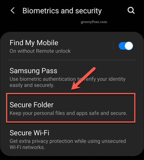 Пункт меню Android Secure Folder