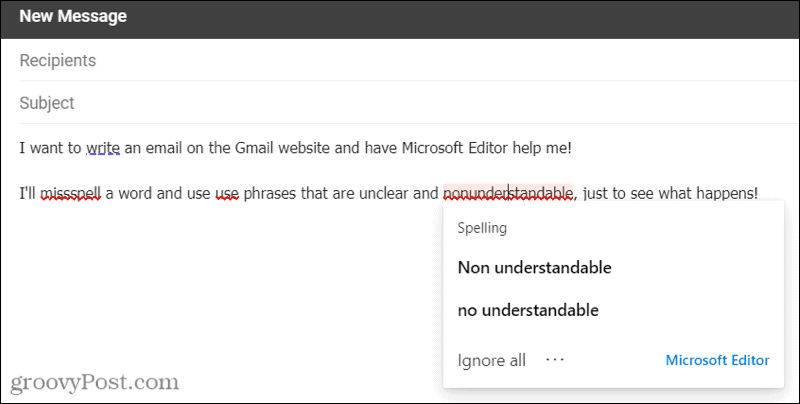 Редактор Microsoft в Gmail с использованием расширения Edge