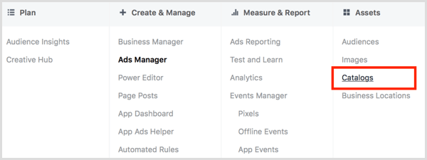 Щелкните ссылку «Каталоги» в столбце «Активы» в Facebook Ads Manager.