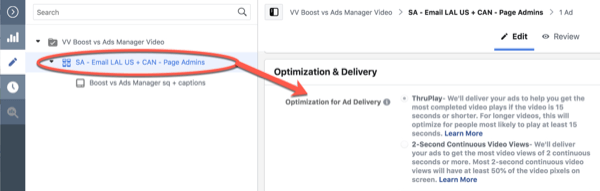 Оптимизация Facebook ThruPlay для редактирования кампании 10-секундных просмотров, шаг 3.