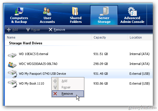 Windows Home Server: как удалить внешний жесткий диск