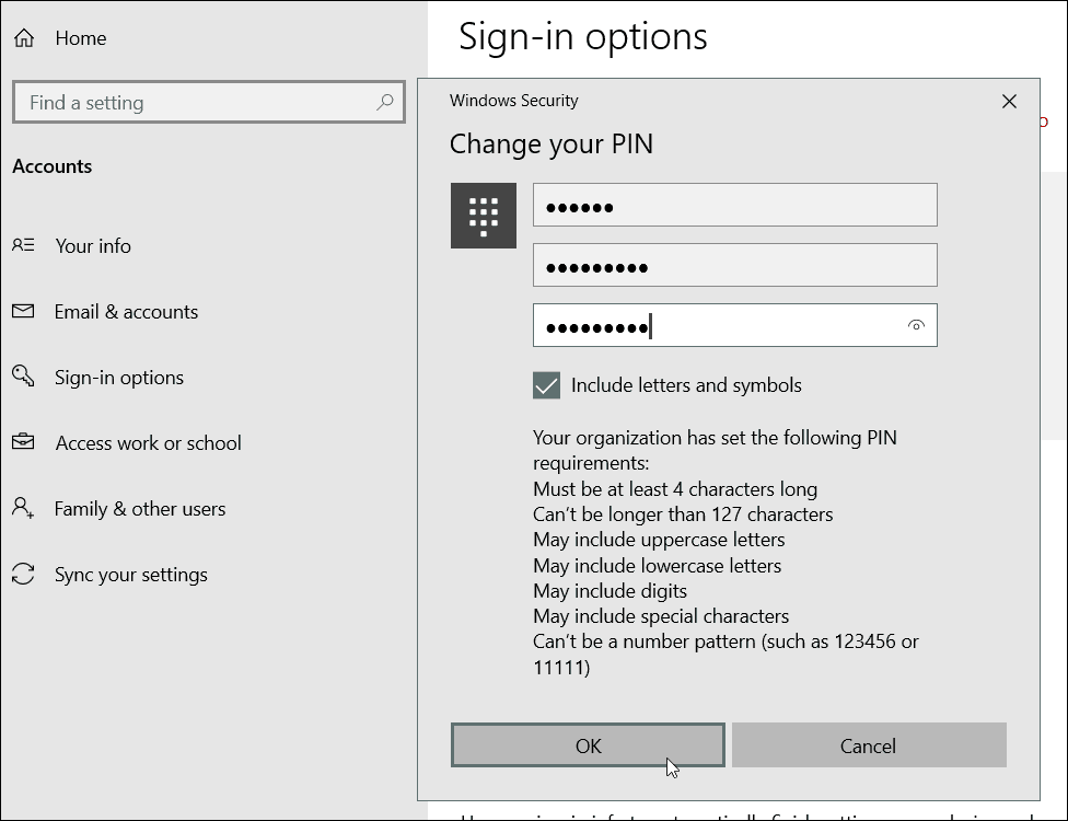 Требования к специальному символу PIN-кода Windows 10