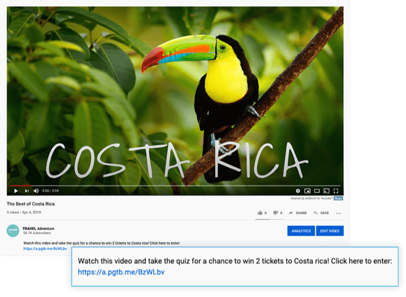 выделенное описание видео на YouTube с предложением посмотреть видео и пройти викторину, чтобы получить шанс выиграть 2 билета в Коста-Рику