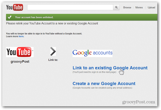 Свяжите учетную запись YouTube с новой учетной записью Google - нажмите ссылку на существующую учетную запись
