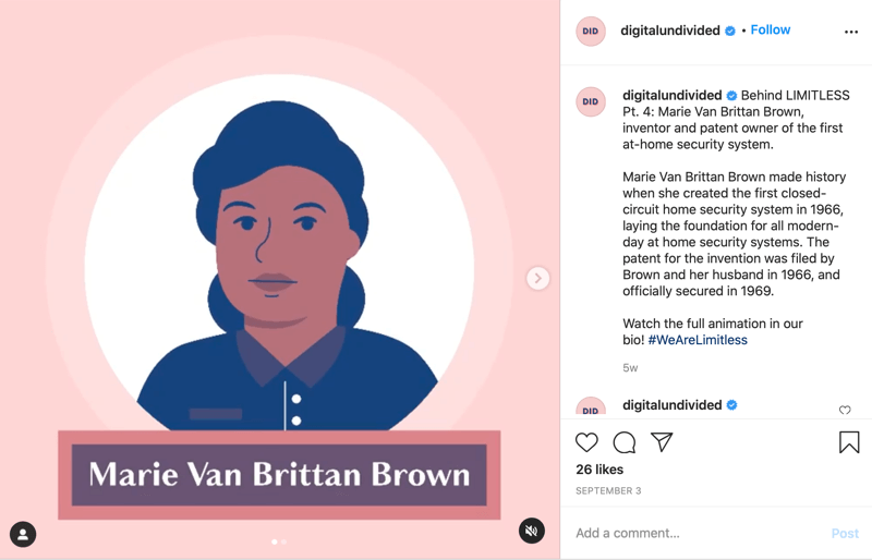 Пример фрагмента поста в формате mp4, опубликованного в Instagram, в котором Мари ван Бриттан Браун выделена как pt. 4 в серии #wearelimitless
