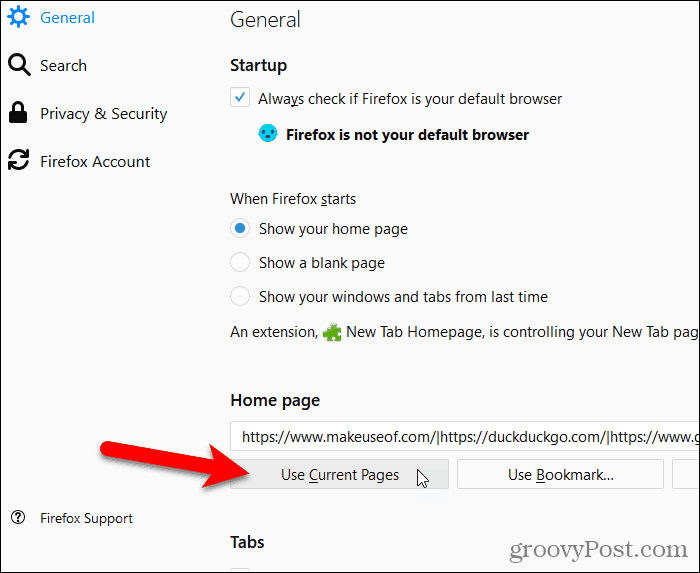 Нажмите Использовать текущую страницу в Firefox