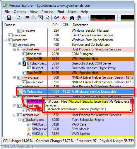 msmpeng.exe в проводнике процессов Windows 7