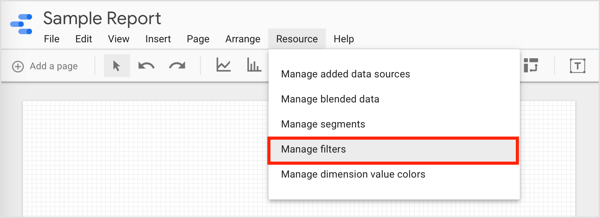 Чтобы фильтровать данные и создавать группы, которые вы можете использовать, щелкните Ресурс в строке меню и выберите Управление фильтрами в раскрывающемся меню.