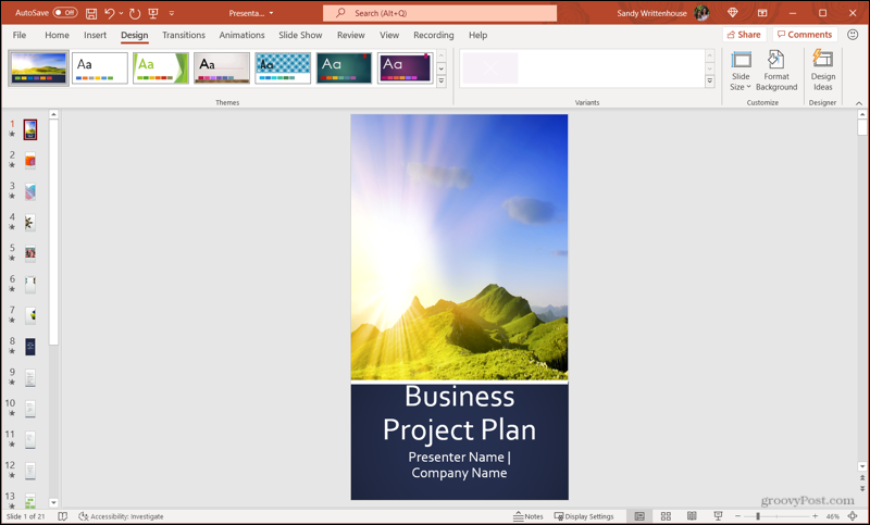 Книжная ориентация слайда в PowerPoint в Windows