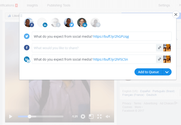 Такие инструменты, как Buffer, могут помочь вам поделиться видео Facebook Live в нескольких социальных сетях.