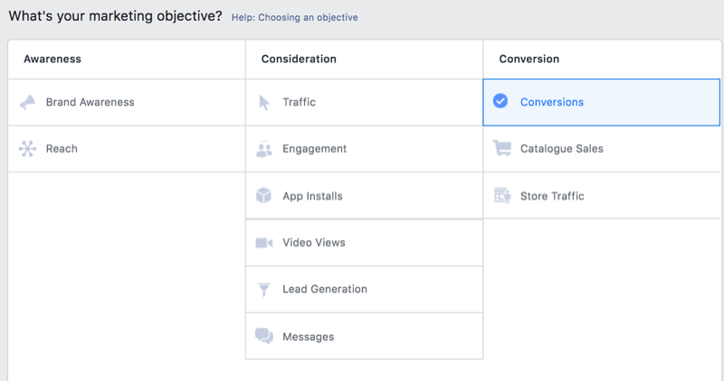 возможность в менеджере рекламы facebook для выбора конверсий в качестве маркетинговой цели