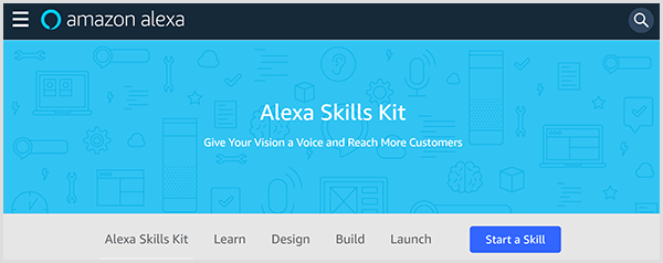 Веб-страница Amazon Alexa Skills Kit представляет инструмент и включает вкладки, на которых вы можете изучать, проектировать, создавать и запускать навыки для Alexa. 