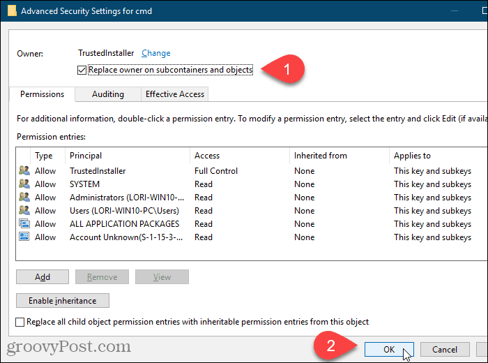 Установите флажок Заменить владельца на подконтейнеры и объекты в диалоговом окне Дополнительные параметры безопасности в редакторе реестра Windows.