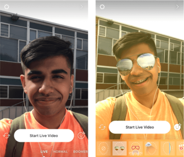 Instagram добавляет фильтры лица к живому видео.