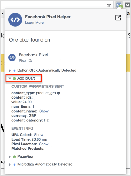 Результаты плагина Facebook Pixel Helper на странице "Добавить в корзину"