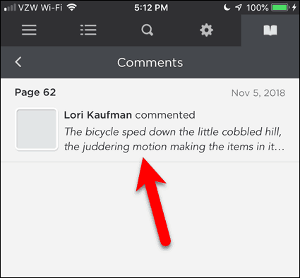 Нажмите на комментарий в BookFusion для iOS