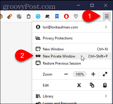 Выберите Новое частное окно в Firefox для Windows