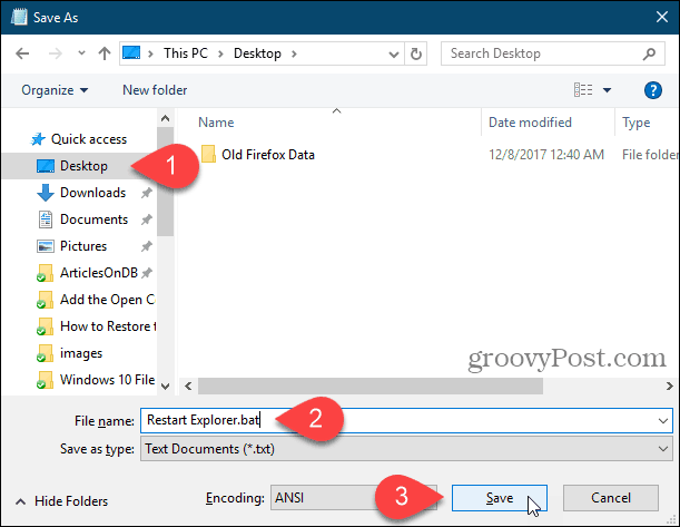 Сохраните командный файл на рабочий стол в Блокноте в Windows 10