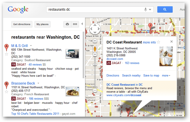 Google интегрировал обзоры Zagat и Google+ Friend в результаты поиска на Картах Google